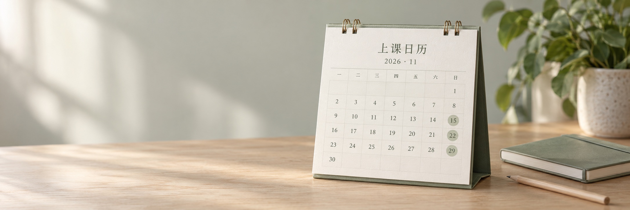 2026年11月上课日历，15、22、29日为上课日