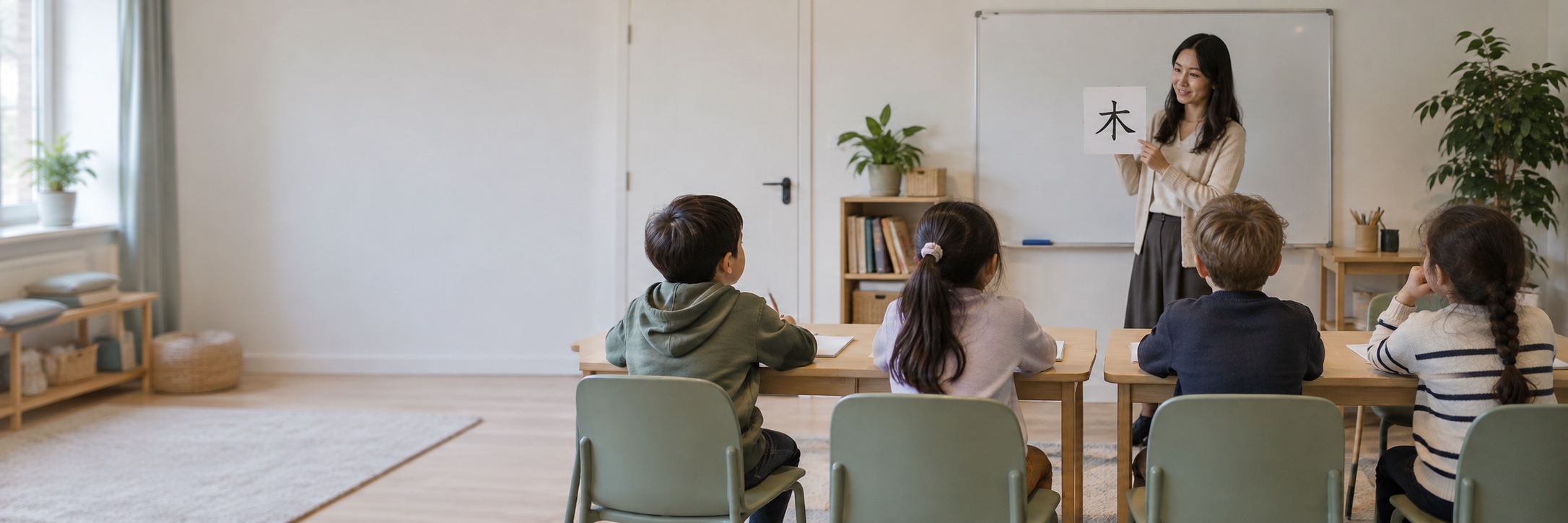 Een kleine Chinese klas, gezien van achter de kinderen